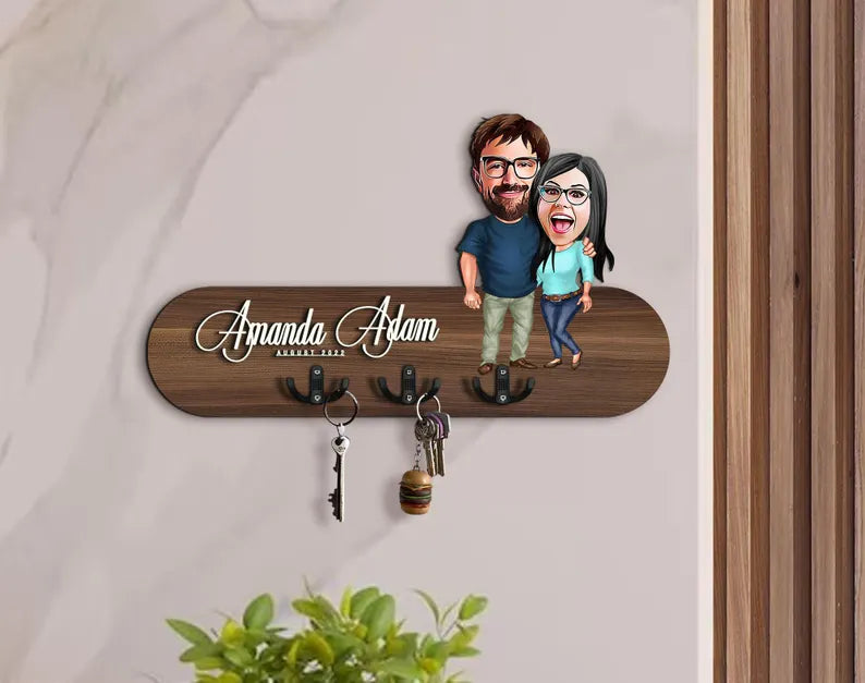 Personalized 3D Wood Entryway Organizer with Cartoon, Wooden Key Holder,