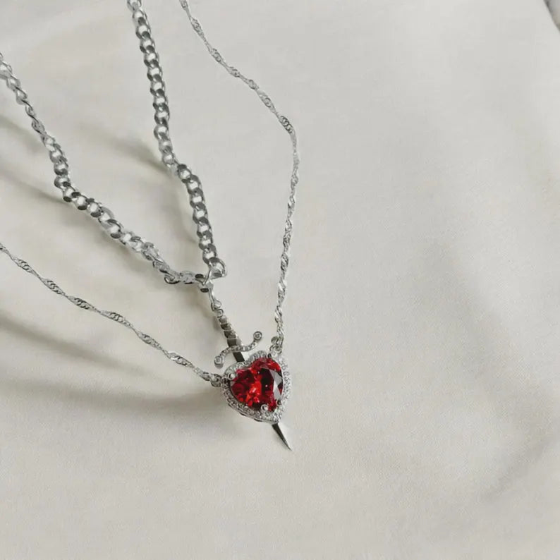 2pcs Heart and Sword Necklace Set |